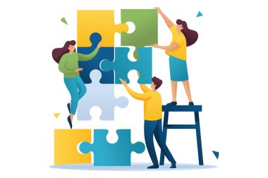 Bulmaca öğelerini birbirine bağlayan gençler, takım çalışması, işbirliği, ortaklık. Düz 2d karakter. Web tasarımı için konsept