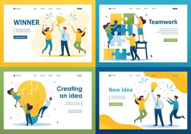 Set Flat 2d kavramları kazanan, takım çalışması, bir fikir, yeni bir fikir oluşturma. Açılış sayfası kavramları ve web tasarımı için