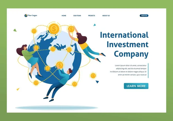 Empresa de investimento internacional, homens de negócios voam ao redor do mundo. Caráter 2D plano. Conceitos de landing page e web design —  Vetores de Stock