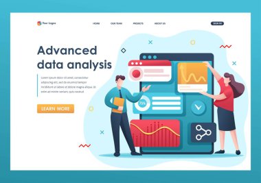 Genç girişimciler raporları gözden geçirir ve verileri analiz ederler. Düz 2D karakter. İniş sayfası kavramları ve web tasarımı