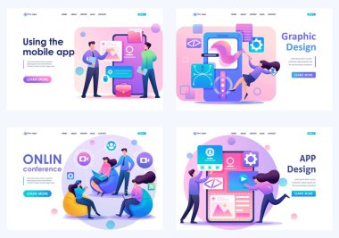 Düz 2d kavramları çevrimiçi konferans, mobil uygulama, Uygulama Tasarımı, Grafik Tasarım kullanılarak ayarlayın. İniş sayfası kavramları ve web tasarımı için
