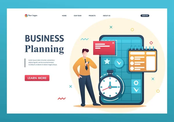 Joven empresario planea el tiempo para los negocios, llena el calendario para el mes. Carácter 2D plano. Conceptos de landing page y diseño web — Vector de stock