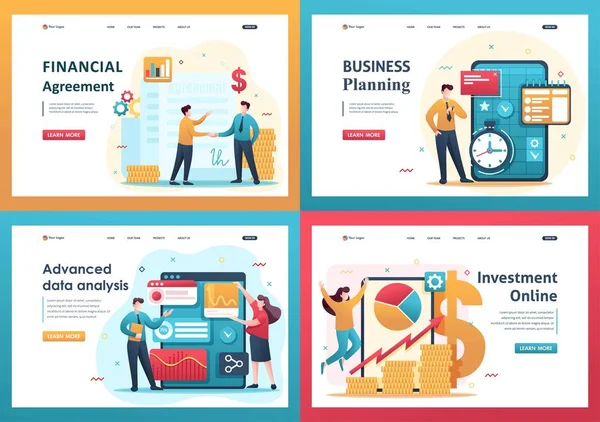 Set Flat 2D concepts Advanced data analysis, Business Planning, Investment Online, Financial Agreement. For Landing page concepts and web design — Stock Vector
