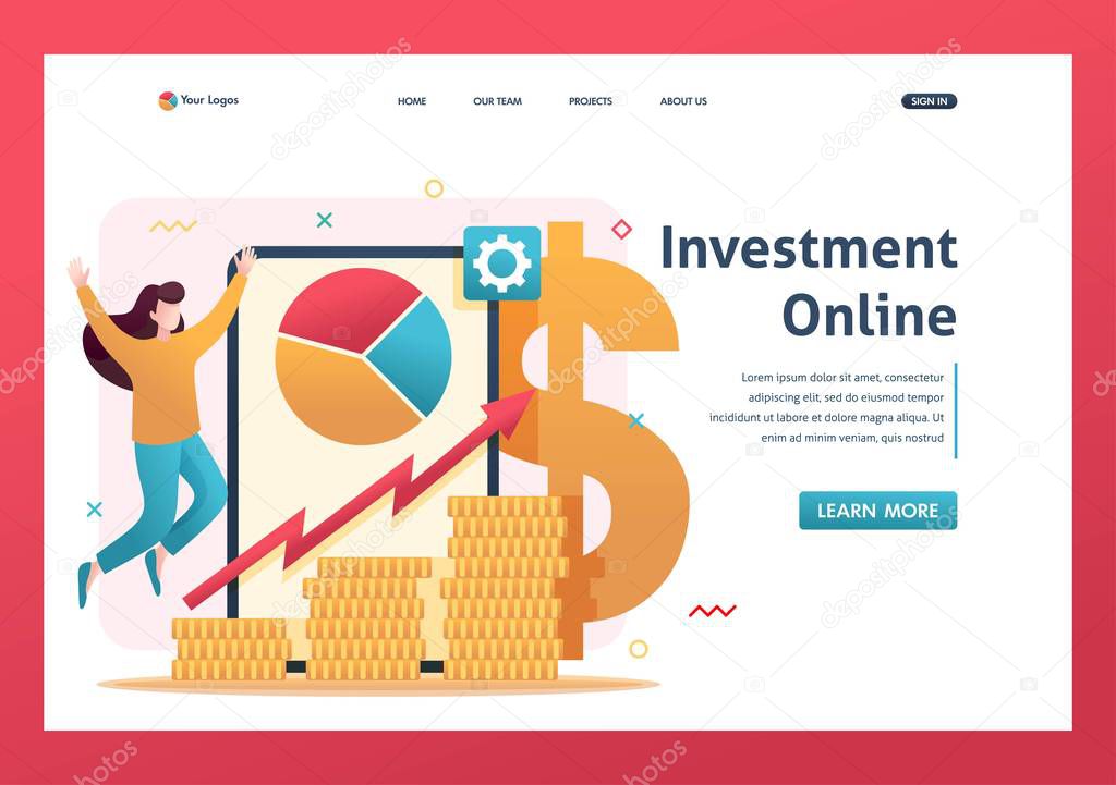 Online investment management, investors invest in stocks and online assets. Flat 2D character. Landing page concepts and web design
