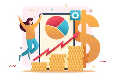 Çevrimiçi yatırım yönetimi, yatırımcılar hisse senedi ve çevrimiçi varlıklara yatırım yapıyor. Düz 2D karakter. Web tasarımı için kavram