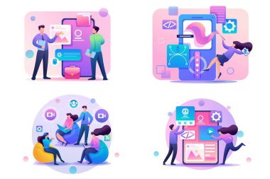 Düz 2d kavramları çevrimiçi konferans, mobil uygulama, Uygulama Tasarımı, Grafik Tasarım kullanılarak ayarlayın. Web tasarımı için kavram