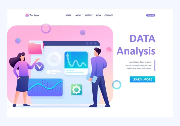 Genç girişimci takımı büyük bir tablet üzerinde iş analizine girişti. Düz 2D karakter. İniş sayfası kavramları ve web tasarımı — Stok Vektör