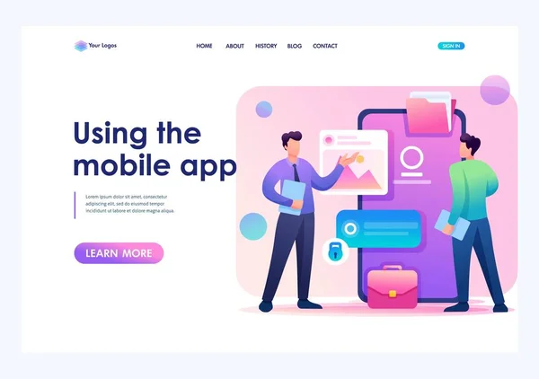 Young men standing near the mobile phone screen, the use of mobile application. Flat 2D character. Landing page concepts and web design — 图库矢量图片