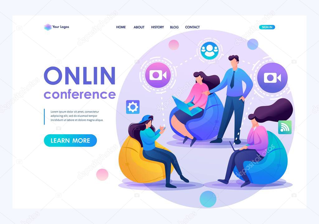 Group of young people communicate, video broadcast on the Internet, online conference. Flat 2D character. Landing page concepts and web design