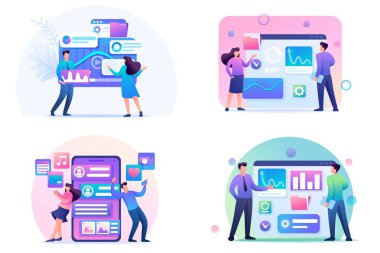 Flat 2d kavramları Online sohbet, veri analizi, veri toplama, dijital pazarlama. Web tasarımı için kavram