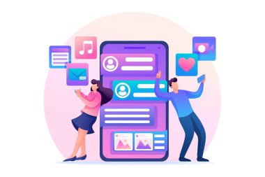 Gençler sosyal ağda yazışıyorlar, online sohbet ediyorlar. Birbirinize fotoğraf ve video gönderin. Düz 2D karakter. Web tasarımı için kavram