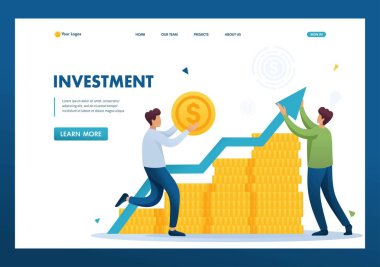 Genç girişimci kazançlı bir iş ortağına yatırım yapar. Düz 2D karakter. İniş sayfası kavramları ve web tasarımı
