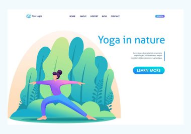 Yoga yapan kız, bitkilerle çevrili. Parkta, ormanda. Düz 2D karakter. İniş sayfası kavramları ve web tasarımı