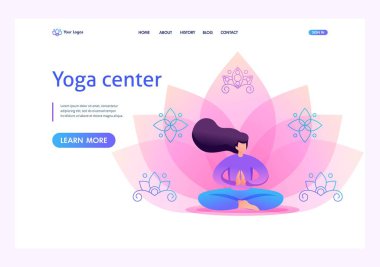 Yogacı kız poz veriyor, Asana çiçek arkaplanda. Düz 2D karakter. İniş sayfası kavramları ve web tasarımı