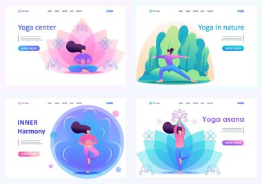 Düz 2D kavramları yoga, poz, asana, parkta açık hava ve parlak arka planlar yaparak belirleyin. İniş sayfası kavramları ve web tasarımı için