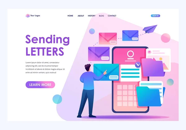 Junger Mann erstellt neue E-Mail-Nachricht, E-Mail-Benachrichtigung senden. neue eingehende Nachricht. flache 2D-Zeichen. Landing Page Konzepte und Webdesign — Stockvektor