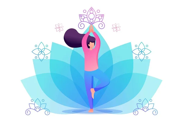 Yoga girl on Lotus flowers background. Flat 2D character. Concept for web design — Stock Vector