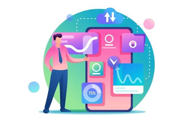 Joven empresario trabaja con datos en la pantalla del teléfono inteligente. Ver datos para su análisis. Carácter 2D plano. Concepto de diseño web — Archivo Imágenes Vectoriales