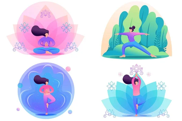 Setzen flache 2D-Konzepte durch Yoga, Pose, Asana, im Freien im Park und auf hellen Hintergründen. für Konzept für Webdesign — Stockvektor