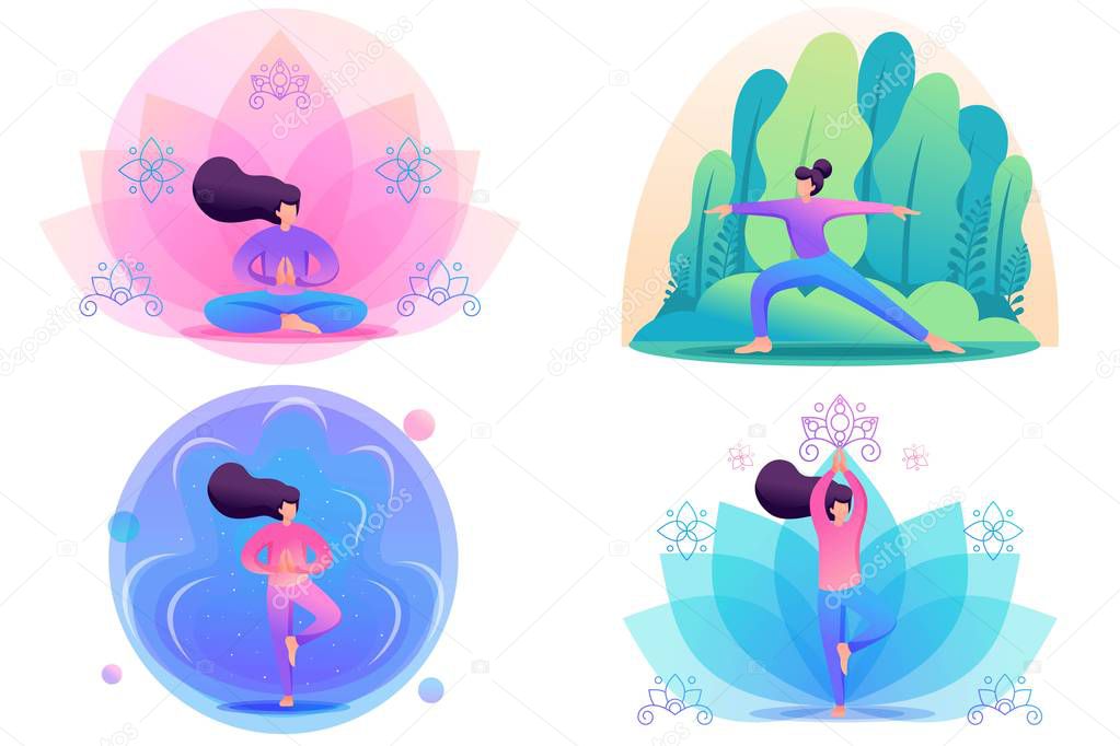Set Flat 2D concepts by doing yoga, pose, asana, outdoors in the Park and on bright backgrounds. For Concept for web design