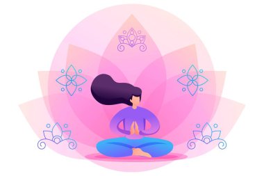Yogacı kız poz veriyor, Asana çiçek arkaplanda. Düz 2D karakter. Web tasarımı için kavram