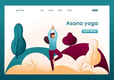 Yoga yapan, poz veren genç bir kız, Asana, açık havada, parkta, ormanda. Düz 2D karakter. İniş sayfası kavramları ve web tasarımı