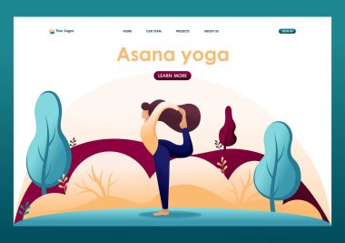 Yoga yapan, poz veren genç bir kız, Asana, parkta, ormanda. Düz 2D karakter. İniş sayfası kavramları ve web tasarımı