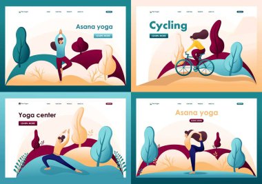 Yoga, poz verme, asana, parkta bisiklet sürme gibi 2D kavramları var. İniş sayfası kavramları ve web tasarımı için