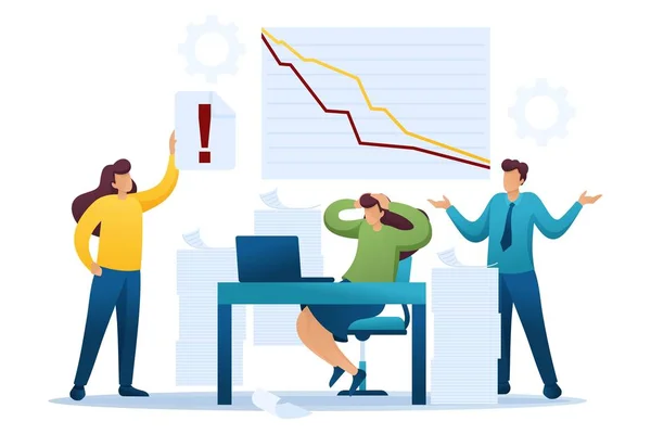 Stressful situation at work during the fall in sales, the team of specialists in a panic. Flat 2D character. Concept for web design — Stock Vector