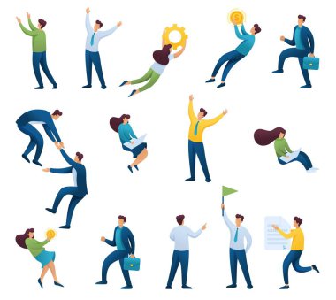 Set Genç iş karakterleri, iş adamları, uçuş, bilgisayar başında çalışma. Düz 2D karakterler. Web tasarımı için kavram