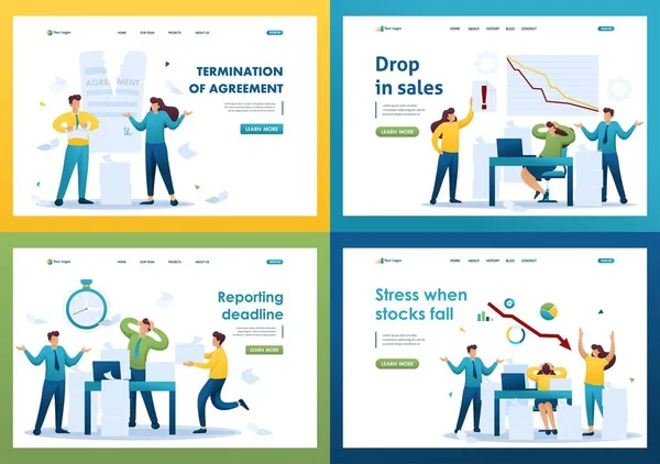 Set Flat 2D concepts Drop in sales, Reporting deadline, Stress when stocks fall, Termination of agreement. For Landing page concepts and web design — Stock Vector