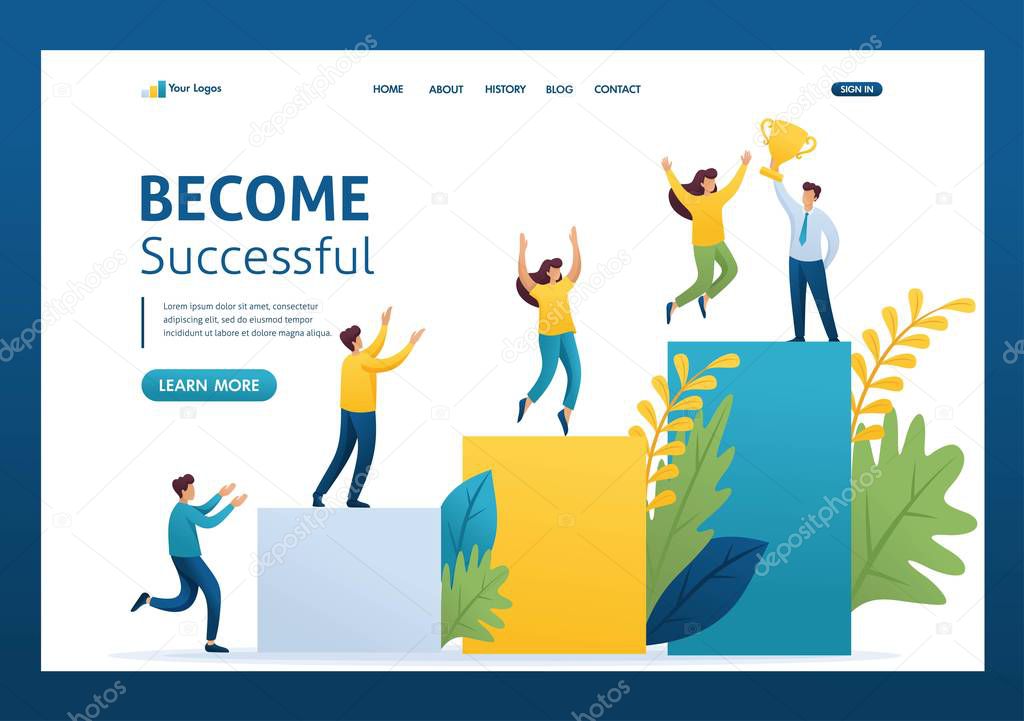 Young entrepreneurs, start up project, successful business, ladder to success. Flat 2D character. Landing page concepts and web design