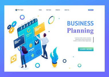 Genç girişimcilerden oluşan bir ekip bir iş planı üzerinde çalışıyor. Üç boyutlu izometrik. İniş sayfası kavramları ve web tasarımı