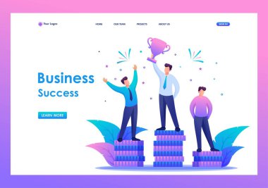 Girişimcinin iş hayatında başarısı, liderlik, ödüller. Düz 2D karakter. İniş sayfası kavramları ve web tasarımı