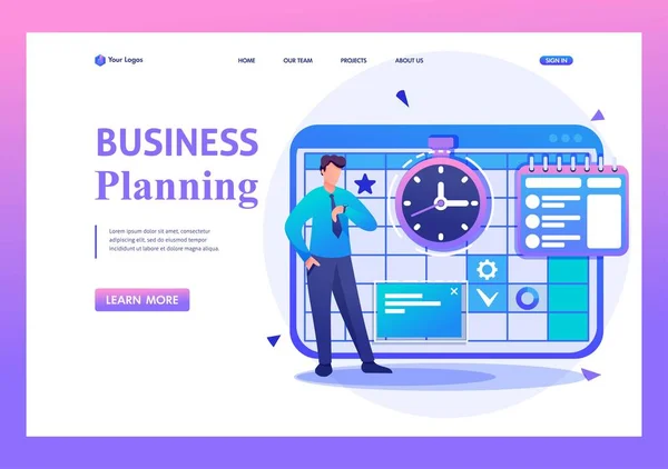 Empreendedor planeja o tempo para o calendário para o mês. Caráter 2D plano. Conceitos de landing page e web design —  Vetores de Stock