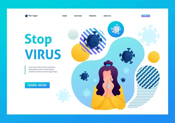 Stop the virus. The girl suffers from a runny nose, cold, flu. Bacteria are flying around. Flat 2D character. Landing page concepts and web design — Stock Vector