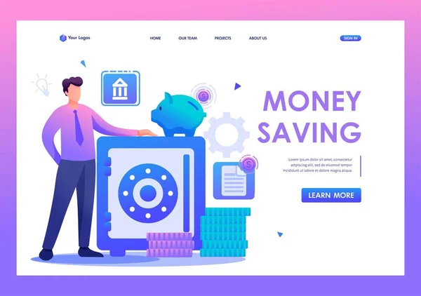 Man keeps money in the Bank, keeping money in a Bank Deposit. Flat 2D character. Landing page concepts and web design — Stock Vector