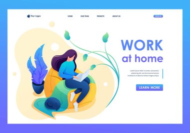 Genç kız evinde yumuşak bir sandalyede çalışıyor. Uzaktan kumandalı, serbest çalışıyor. Düz 2D karakter. İniş sayfası kavramları ve web tasarımı
