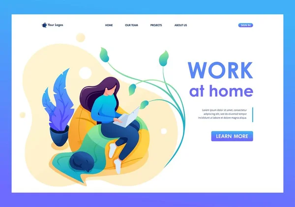 Junges Mädchen arbeitet zu Hause auf einem weichen Stuhl, Fernarbeit, Freiberuflerin. Flacher 2D-Charakter. Landing Page Konzepte und Webdesign — Stockvektor