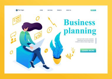 Genç kız bir dizüstü bilgisayarla iş planlamakla meşgul. Planlama konsepti. Üç boyutlu izometrik. İniş sayfası kavramları ve web tasarımı