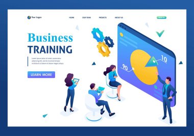 Girişimci koçu şirket çalışanlarına ders veriyor. İş eğitimi. Üç boyutlu izometrik. İniş sayfası kavramları ve web tasarımı