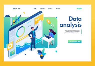 Genç girişimciler veri analizi üzerinde çalışıyorlar. Grafik araştırmalarında çalış. Üç boyutlu izometrik. İniş sayfası kavramları ve web tasarımı