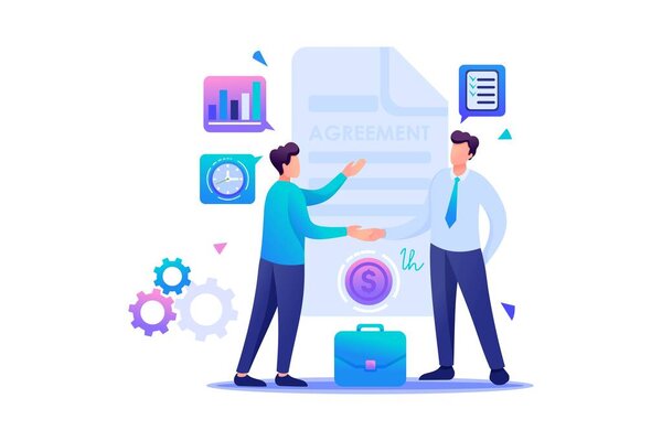 Os empresários acordam parceiros, horários de crescimento das receitas. Caráter 2D plano. Conceito para web design — Vetor de Stock