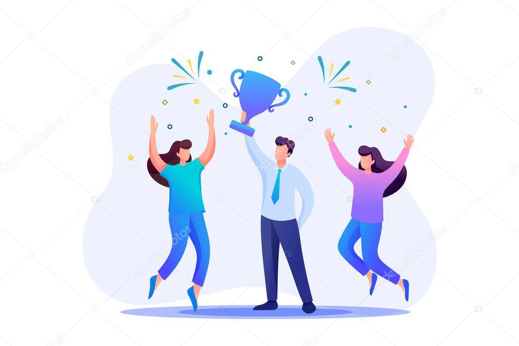 Successful businessman celebrating a victory, teamwork. Flat 2D character. Concept for web design