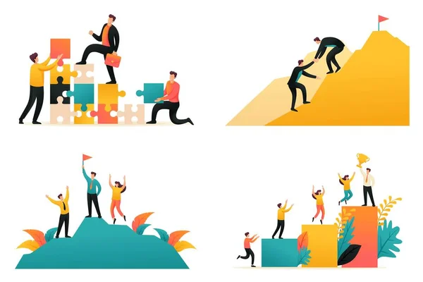 Flat 2D illustration on the topic of achieving success as a team, the path to success, teamwork. Concept for web design — Stock Vector