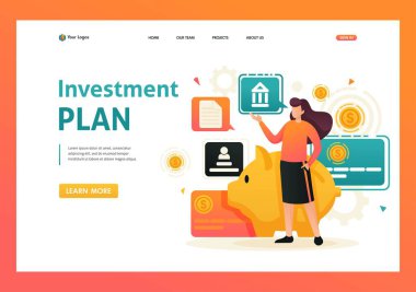 Kız yatırım planını, yatırım ve kar büyümesini, banka mevduatını gösteriyor. Düz 2D karakter. İniş sayfası kavramları ve web tasarımı