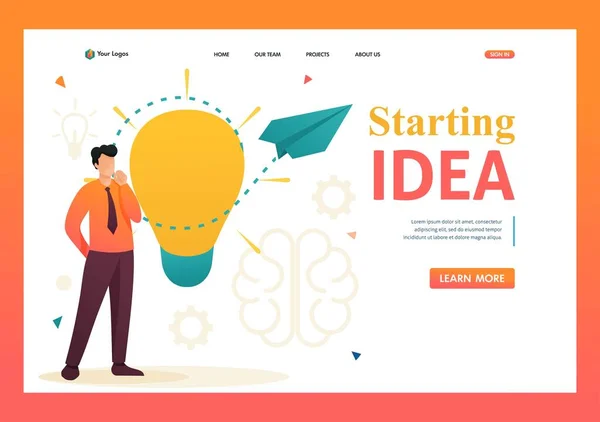 Un joven lanza una idea de negocio, una startup de negocios. Carácter 2D plano. Conceptos de landing page y diseño web — Archivo Imágenes Vectoriales