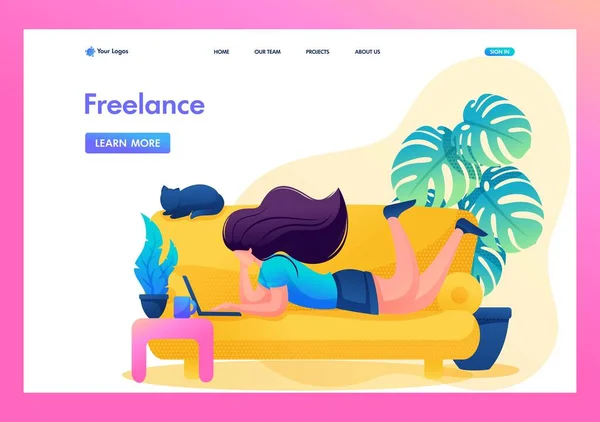 Lavoro a distanza, la ragazza lavora come freelance. Lavora a casa. Carattere piatto 2D. Concetti di Landing page e web design — Vettoriale Stock