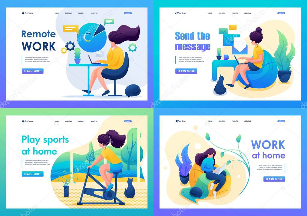 Set 2D Flat on the topic of women's self-isolation, work at home, sports. For Landing page concepts and web design