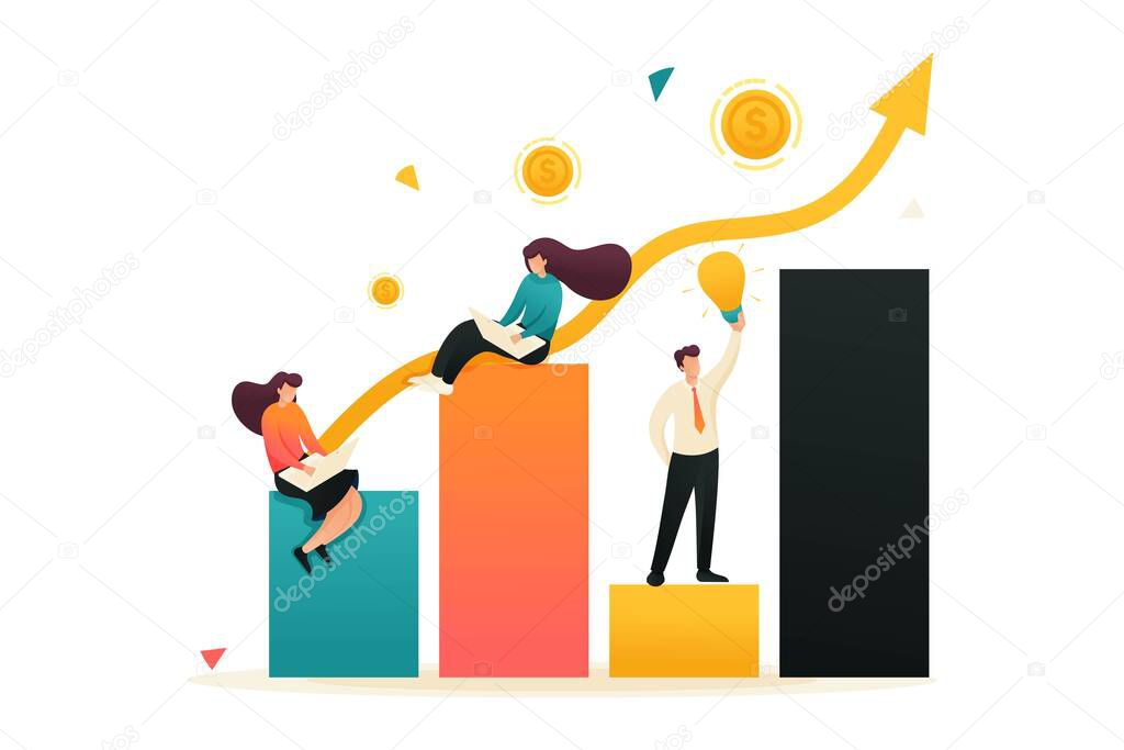 Schedule of revenue growth and achievement of goals. Girls sit on charts and work. Concept for web design